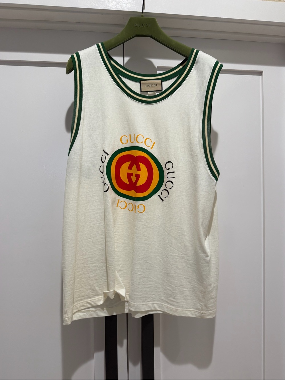 Gucci Kids Cream Tank Top with Green Trim and Multicolor Logo